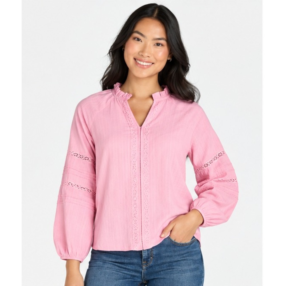 The Pioneer Woman Womens Peasant Blouse Size M Pink Lace Trim Cotton Boho Top